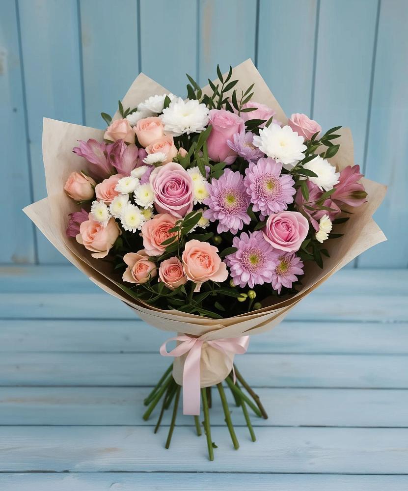 Букет цветов из: Хризантемы, Розы и Альстромерии в Холмской