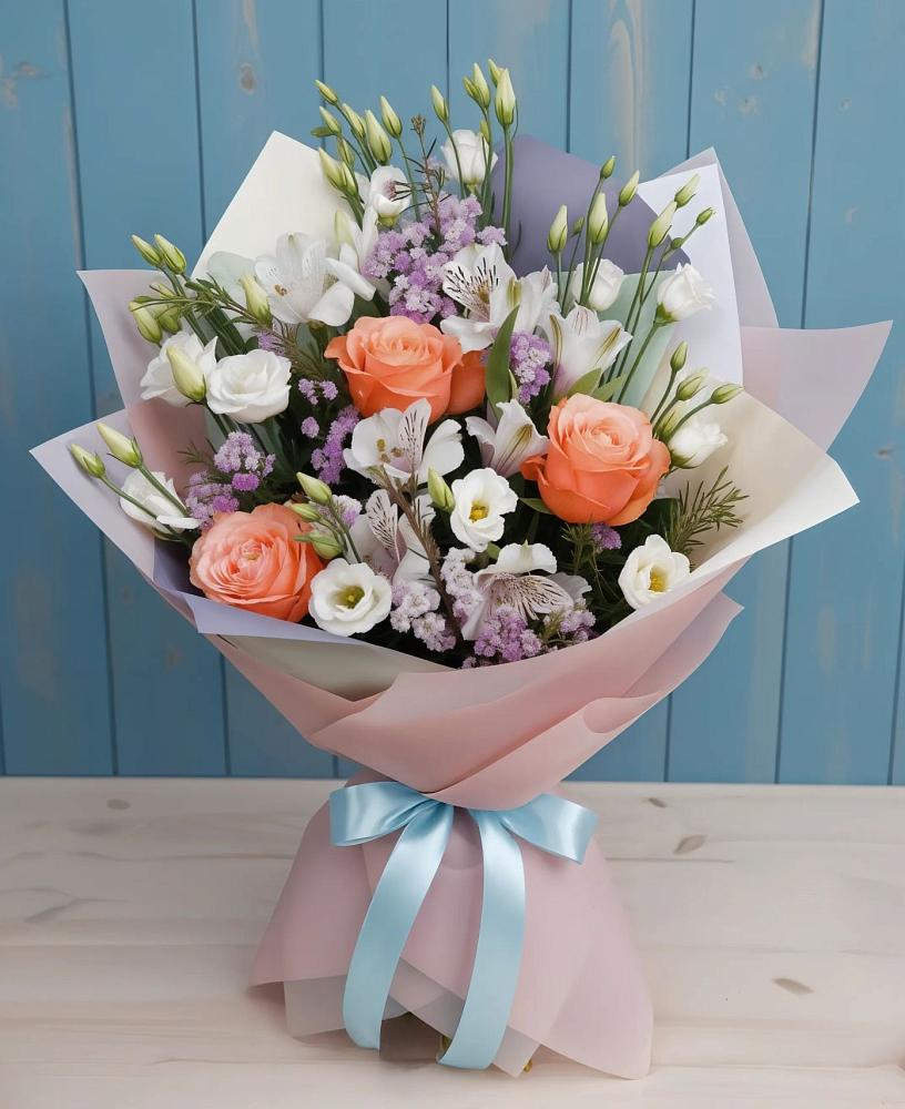 Букет цветов из: Лизиантусы, Розы, Альстромерии и Гипсофила в Холмской