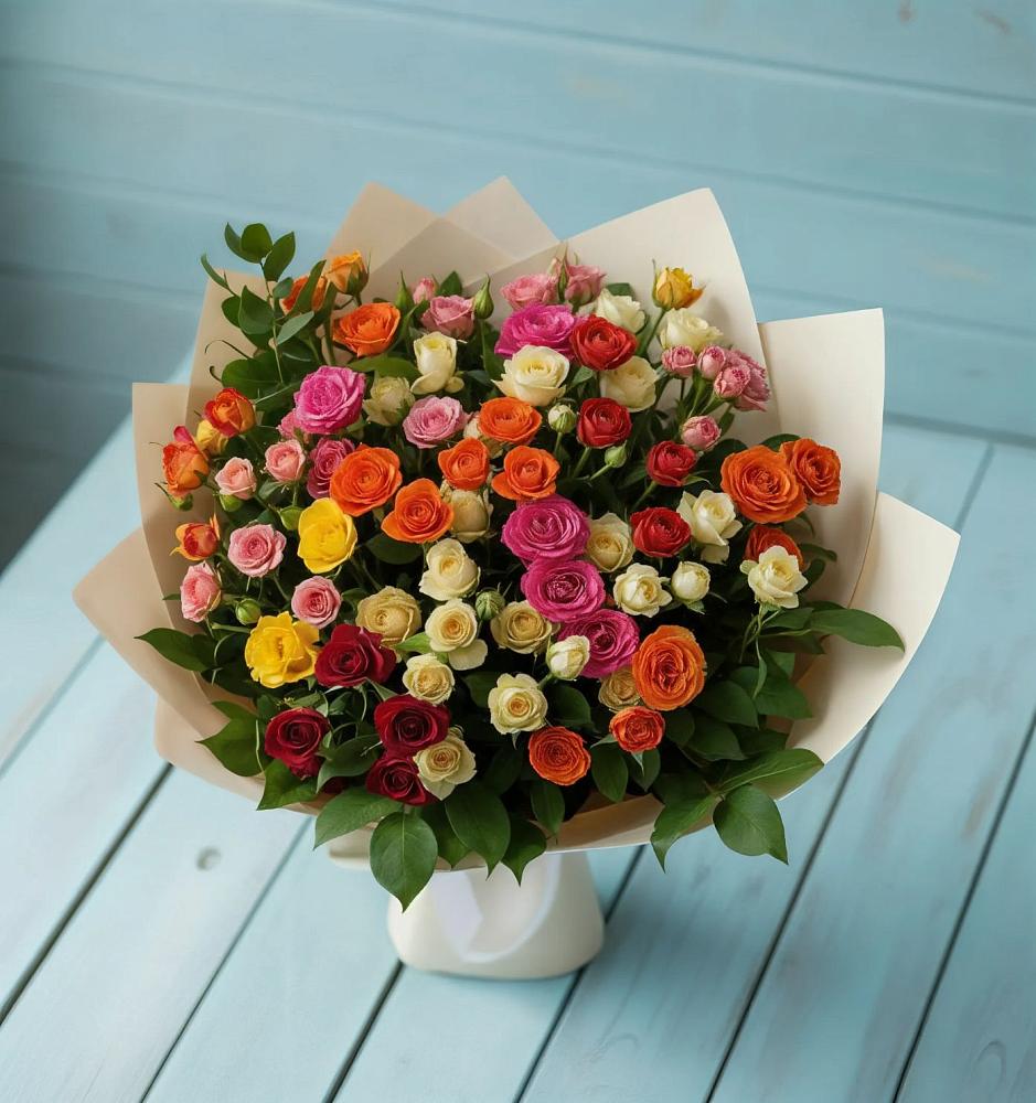 Букет Микс из разноцветных кустовых роз в Холмской