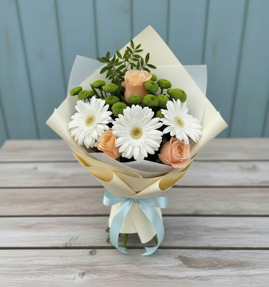 Букет цветов из: Герберы, Розы и Хризантемы в Холмской