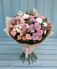 Букет цветов из:  Хризантемы, Розы и Альстромерии в Холмской
