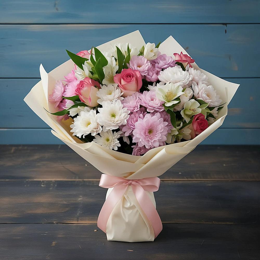 Букет цветов из: Хризантемы, Альстромерии и Розы в Холмской